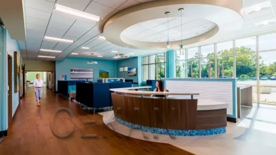 Mesa frontal longa branca de superfície sólida Grande mesa de recepção clínica em formato de U Design de estação de enfermagem hospitalar